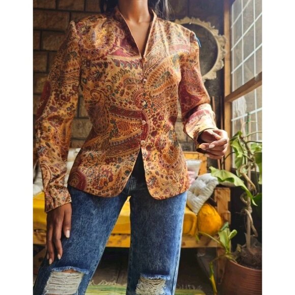 Adrianna Papell Silk Brown Floral Paisley Button Boho Vintage Jacket Blouse 10 M - Picture 1 of 12